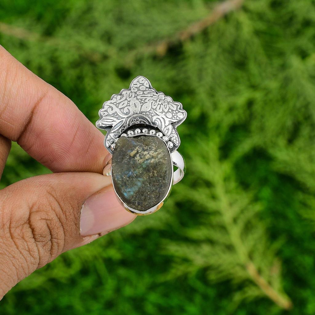 Sterling Silver Natural Labradorite Rough Bezel Boho Wife Stackable Ring Jewelry