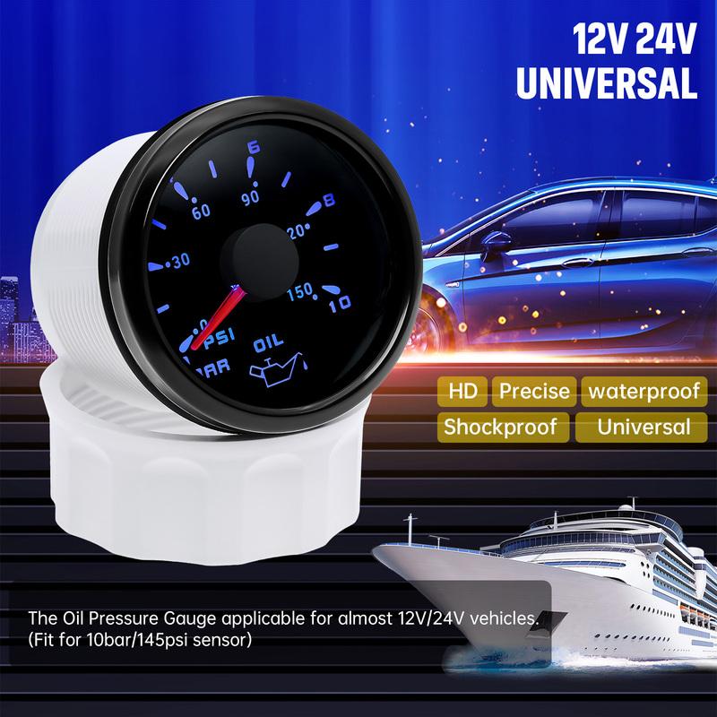 Digital Pointer Oil Pressure Gauge 7 Color Oil Pressure Meter Indicator with 0-10Bar Oil Pressure Sensor for Marine Yacht Boat