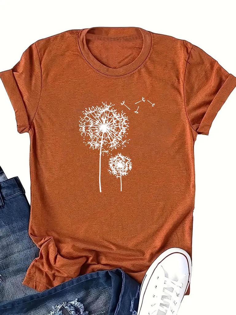 European and American Summer Women's Dandelion Print Round Neck Short-Sleeve Casual T-Shirt