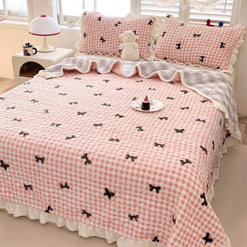 Thick Warm Milk Coral Fleece Bedding Set Floral Bedspread Quilt Cover Lace Trim Home