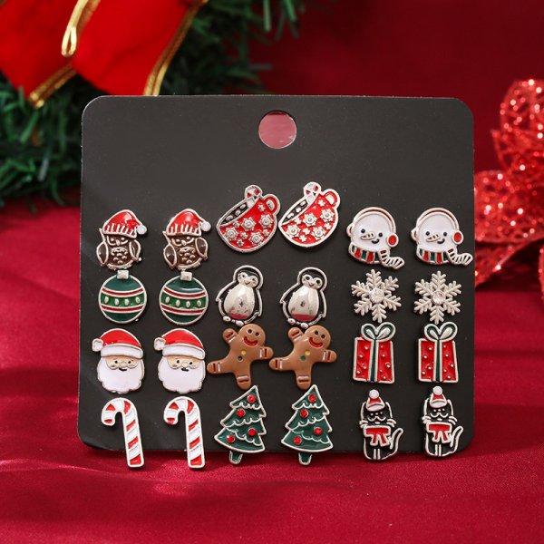 12 Pairs Christmas Enamel Santa Claus Snowflake Earrings Set for Women Zircon Christmas mas Tree Earring Party Jewelry Gift