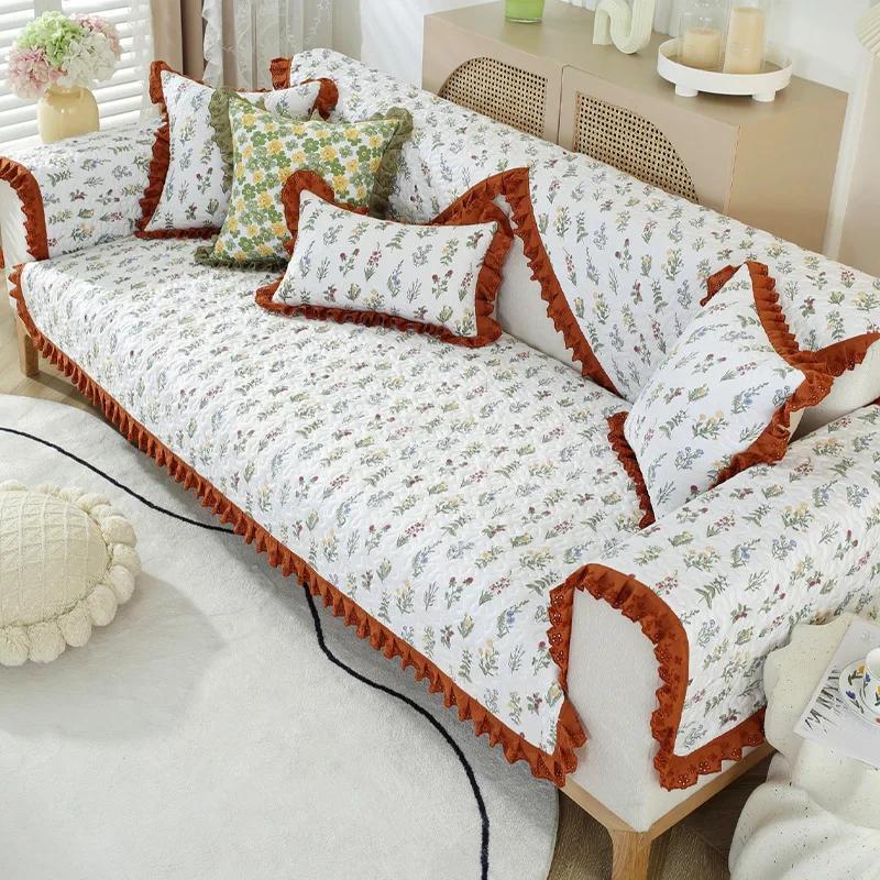 Hot Selling All Cotton Small Fresh Floral Sofa Mat New Anti Slip Pad Cover Fabric Wash Cotton Sofa Cover Cloth Sofa Cover