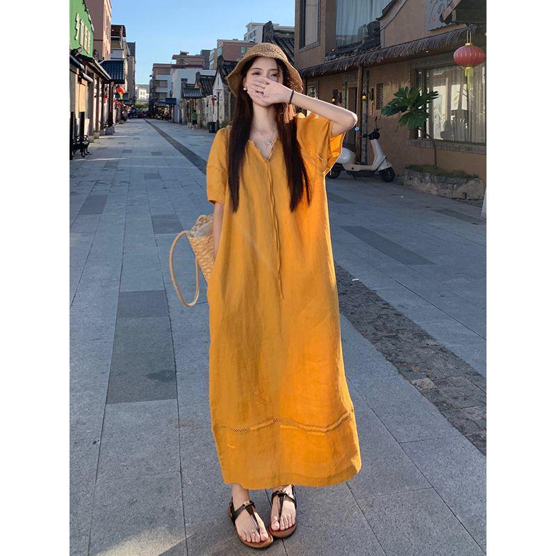 

Plus Size Women s Clothing Plus Size Ladies Dopamine Loose Slim Fit V-neck Lantern Sleeve Linen Dress Slimming Youthful-Looking Casual Skirt Bright Yellow S