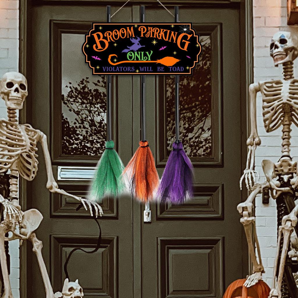 Enchanting Witches Broomsticks Parking Sign with 3 Wood Brooms Halloween Front Porch and Wall Decoration Party Supplies