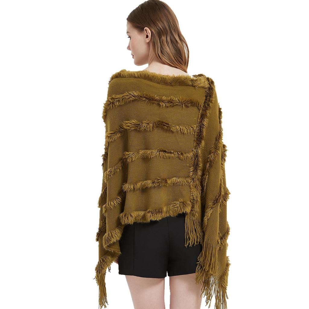 Spring Autumn Winter V-neck Solid Color Knitted Plush Shawl - European & American Style