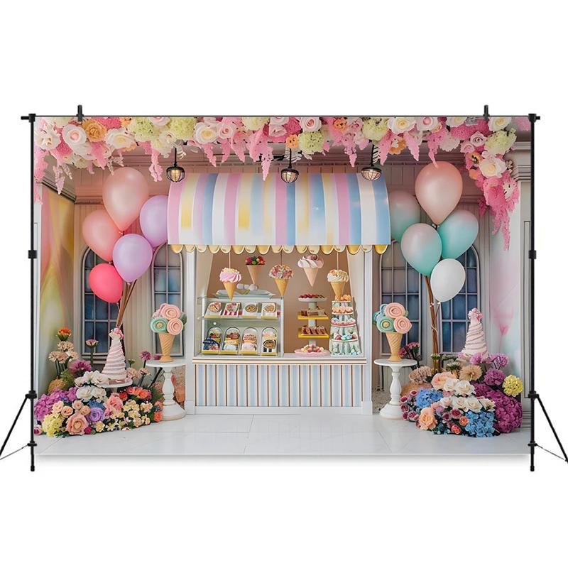 Ice Cream Backdrop For Photography Cake Crush Dessert Shop Balloon Flower Background Wedding Birthday Party Decoration Backdrops