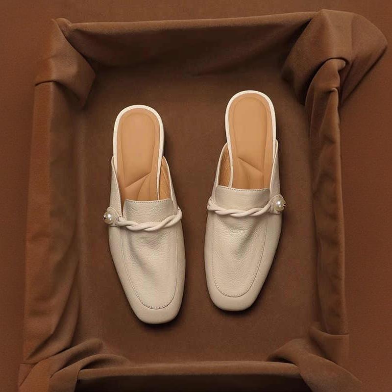 Fashion French Style Slimming Soft Leather Mule Sandals Women Mid Heel Chunky Heel Summer Slip On Shoes