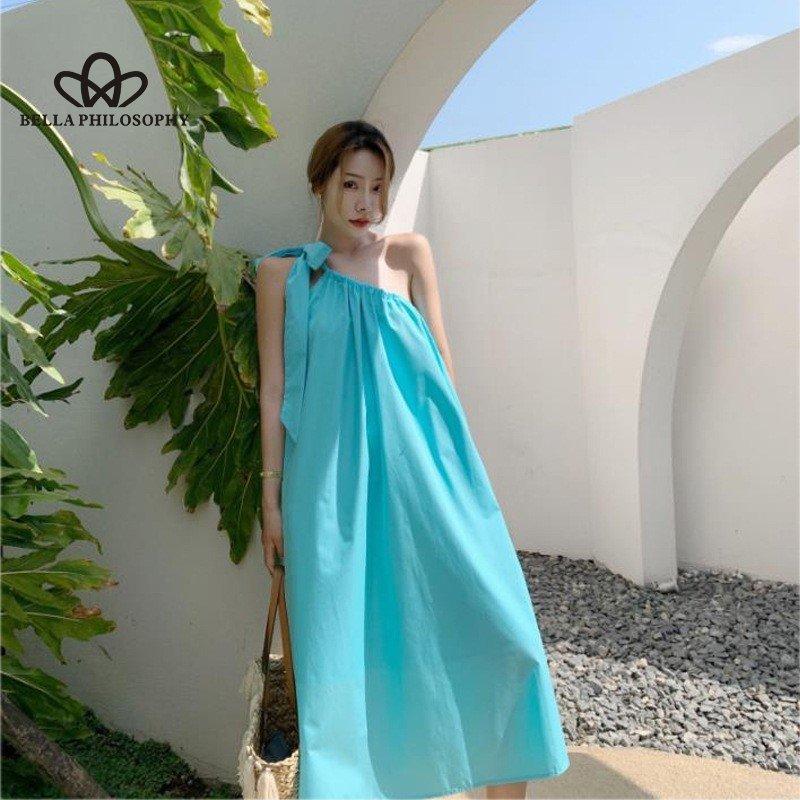 Cestovní oblečení Plážové šaty Super víla Temperament Popruh Jednobarevné Dlouhé prázdninové šaty k moři pro ženu