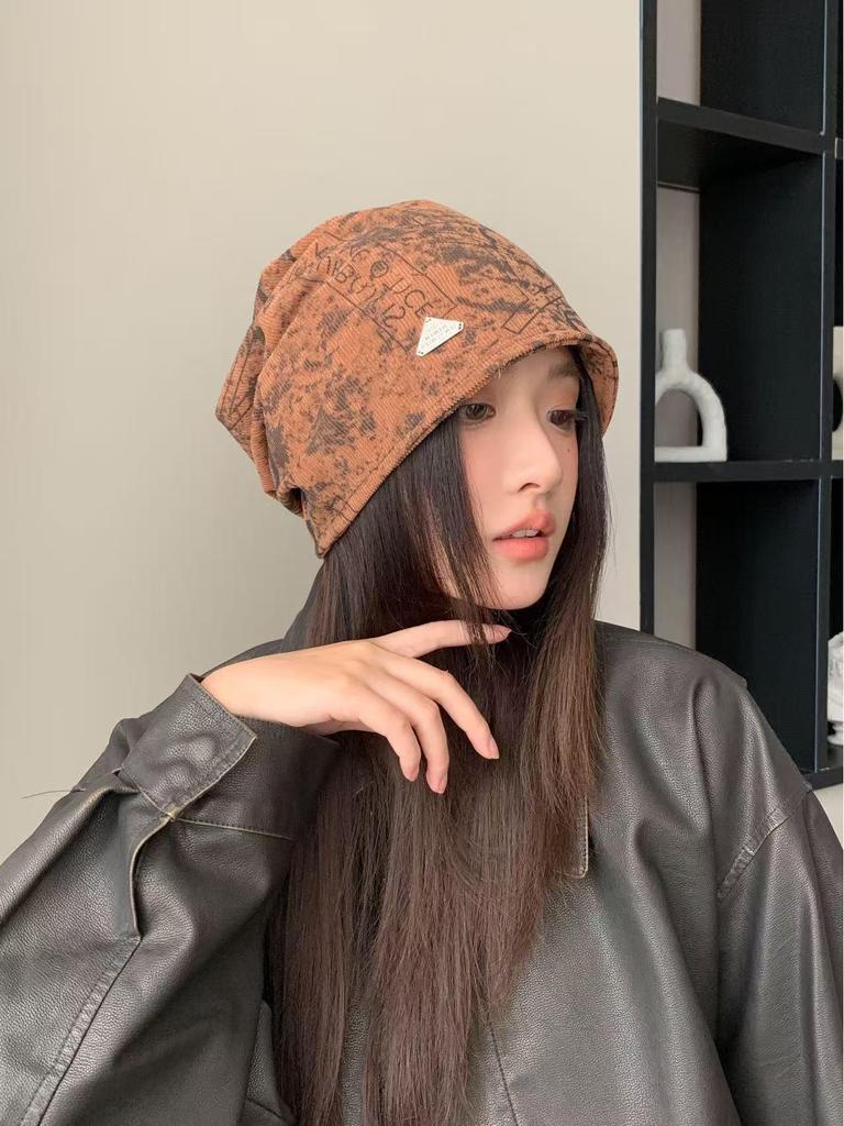 Korean-Style Tie-Dye Beaded Slouchy Beanie for Women - Ethnic Retro Tassel Skull Cap, Early Autumn Wear