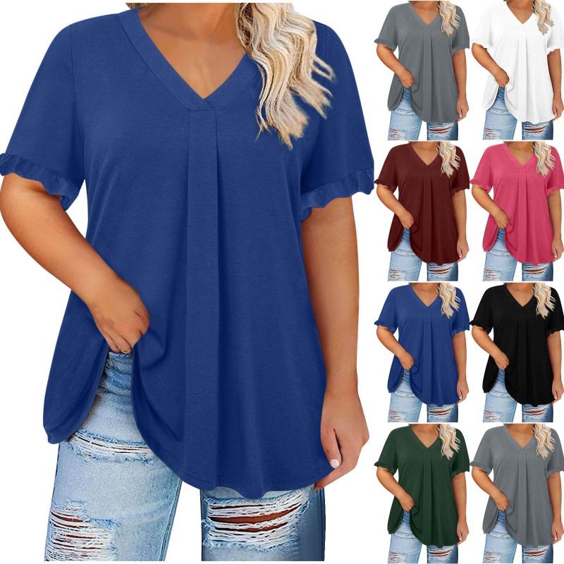 Women S Plus Size Casual Solid Short Sleeve Petal Sleeve V Neck Top