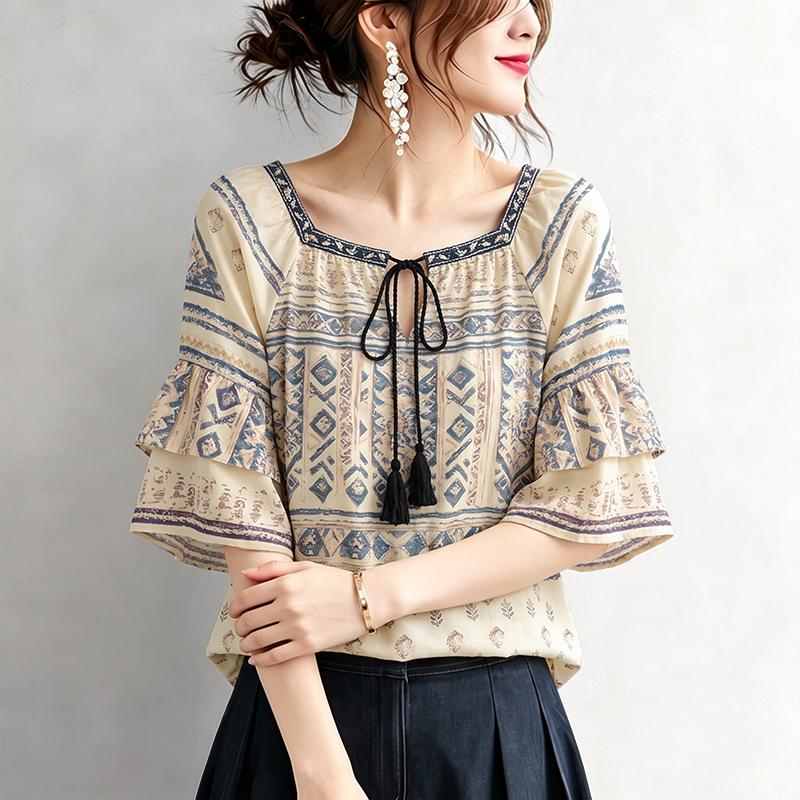 ZANZEA Women Summer Casual Square Collar Half Sleeve Loose Ethnic Print Blouse