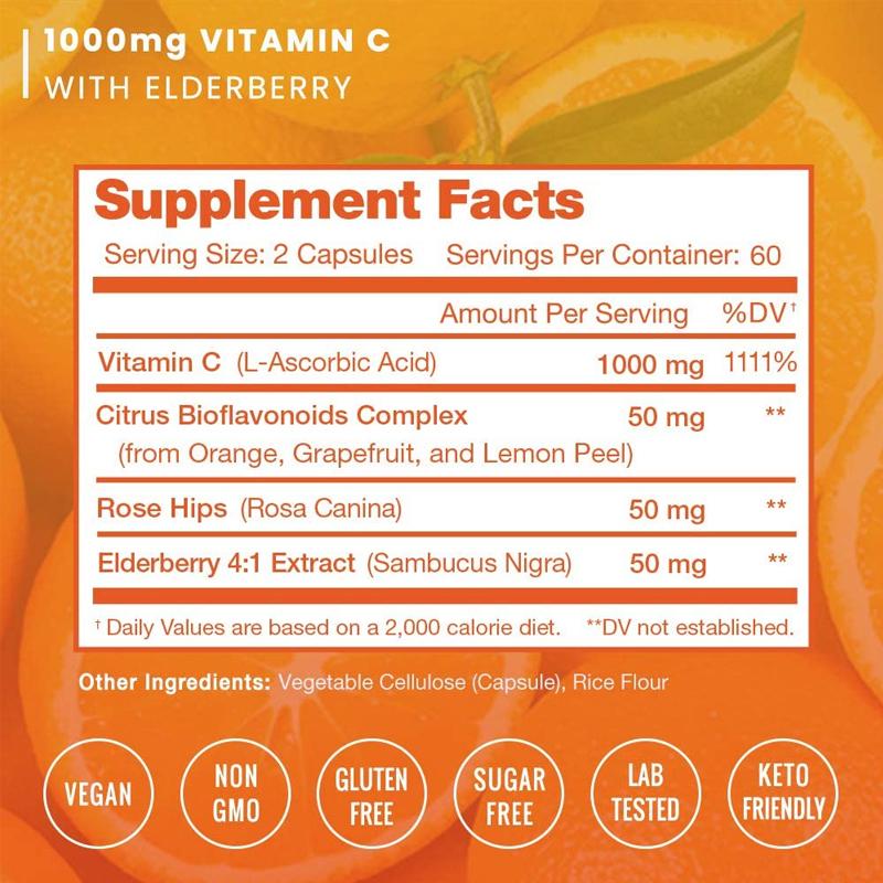 Pslalae Rosehip Vitamin C Capsules, All-natural, 1000 Mg Per Serving, Contains Elderberry, Immune-boosting.