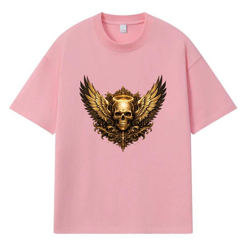 2026 Skull With Wings And Halo Printed Graphic Y2k Harajuku Streetwear 100% Cotton T Shirt Casual Oversized Summer Men T-shirt