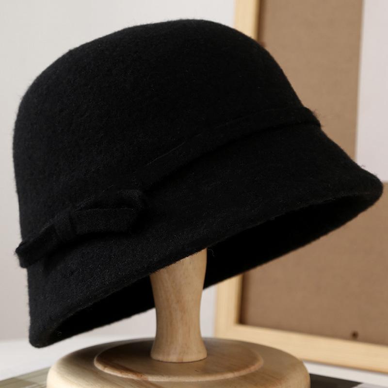 Hepburn style wool bucket hat female French retro autumn and winter temperament elegant daughter celebrity versatile bow basin