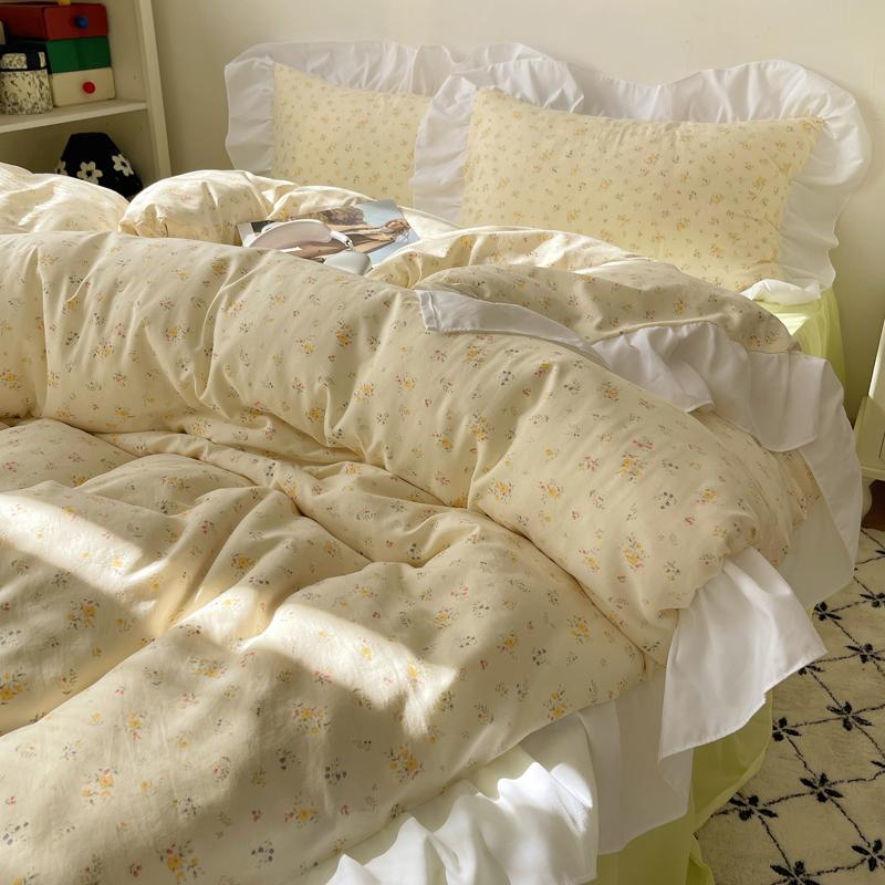 Korean Style Princess Floral Washed Cotton Bedding Set Vintage French Pastoral Flowers Lace Ruffles  Duvet Cover Set Pillowcase