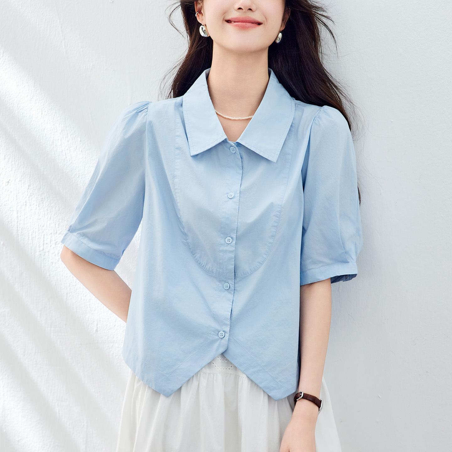 

Рубашка с лацканами для женщин, короткий рукав, летняя, новый дизайн, нишевый топ, короткая маленькая рубашка XXL синий