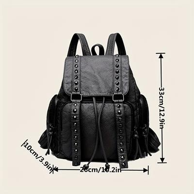 Fashion Rivet Flap Backpack, Punk Style Drawstring Daypack, Vintage PU Leather Travel Schoolbag