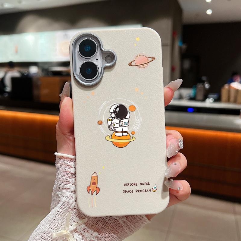 Cartoon Astronaut Leather Texture Soft Case For iPhone 16 15 14 Pro Max 15 Plus 13 12 Pro Max 11 Shockproof Silicone Phone Cover