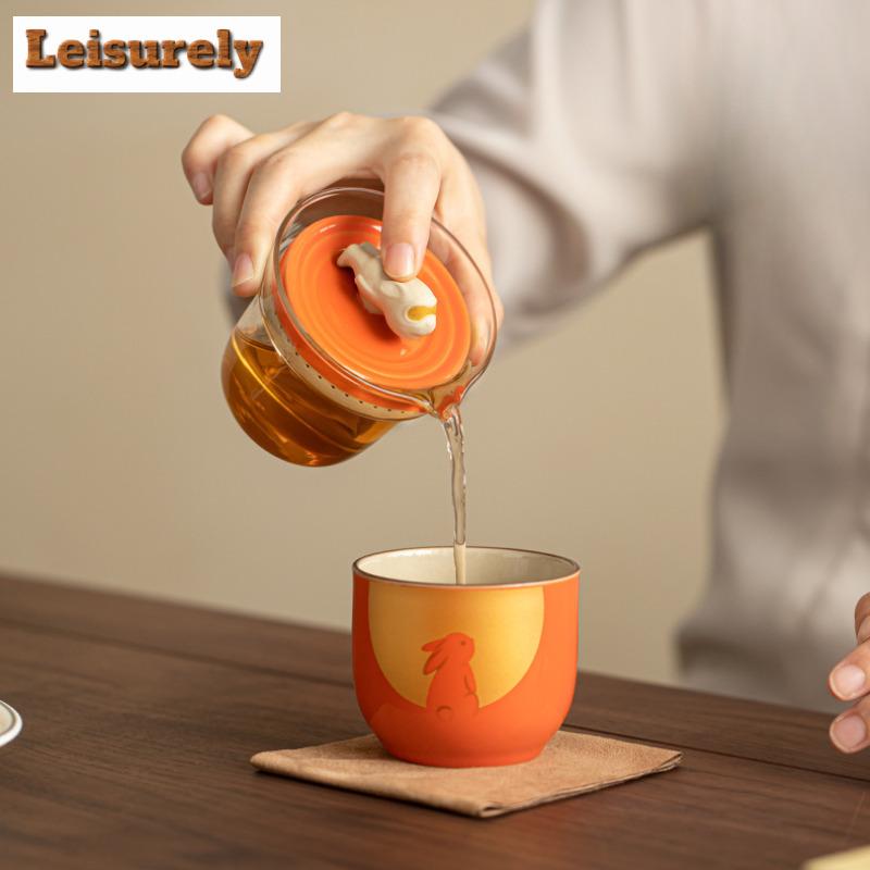 Creative Rabbit Flying Moon Tea Set Kit Japanese 1 Pot 3 Cups Glass Tea Maker Picnic Portable Travel Bags Tea Set Designer Gifts