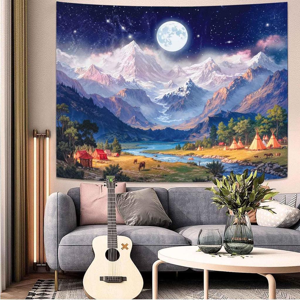 Celestial Full Moon Mountain Landscape Tapestry Wall Hanging Starry Night Cosmic Camping Home Decor Polyester Art