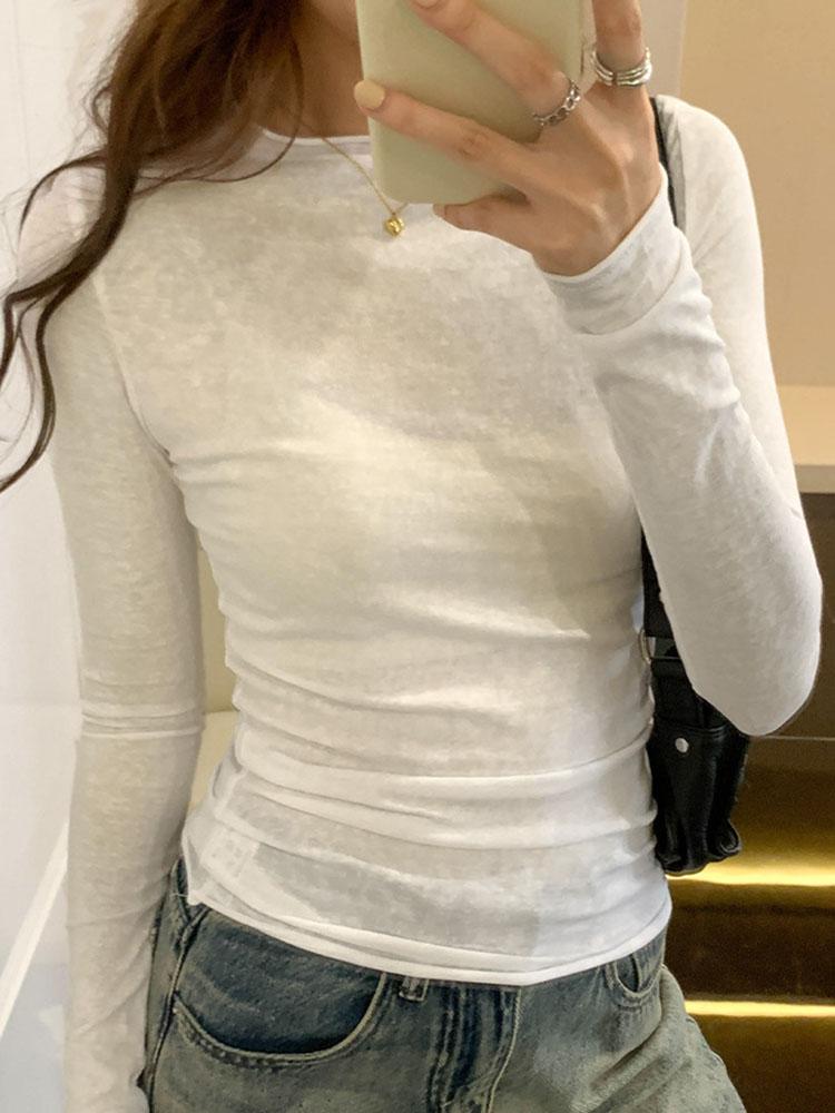2024 Wiosna Jesień T-shirt Kobiety Top Solidny Slim Fit Długi Rękaw O Neck T-shirty Damskie Casual Streetwear Wysokiej Jakości Bazowe Koszulki