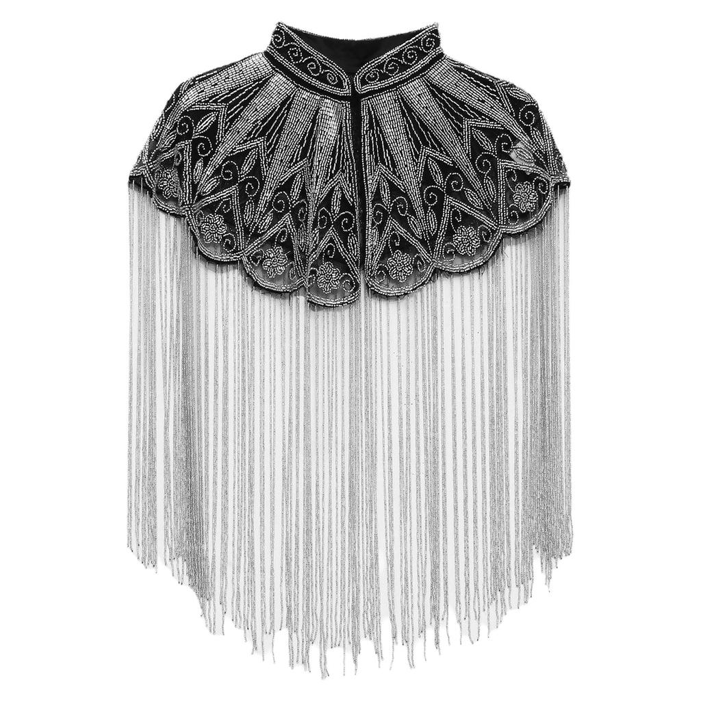 Women 20s Flapper Long Fringed Shawl Sequin Beaded Tassel Evening Cape Wrap for Wedding Reception Special Events