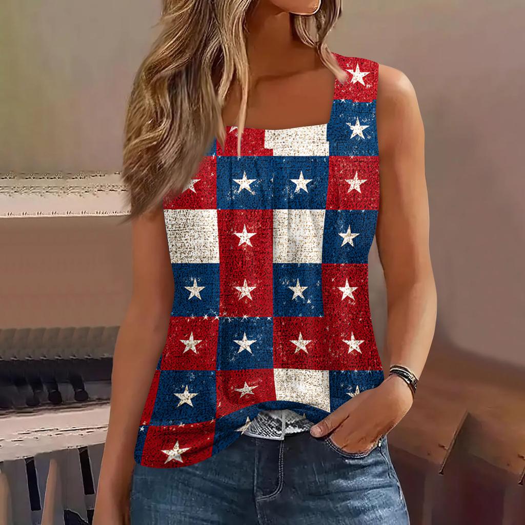Square Collar Tank Top Women Print Tank Tee Casual Loose Fit Sleeveless Shirt