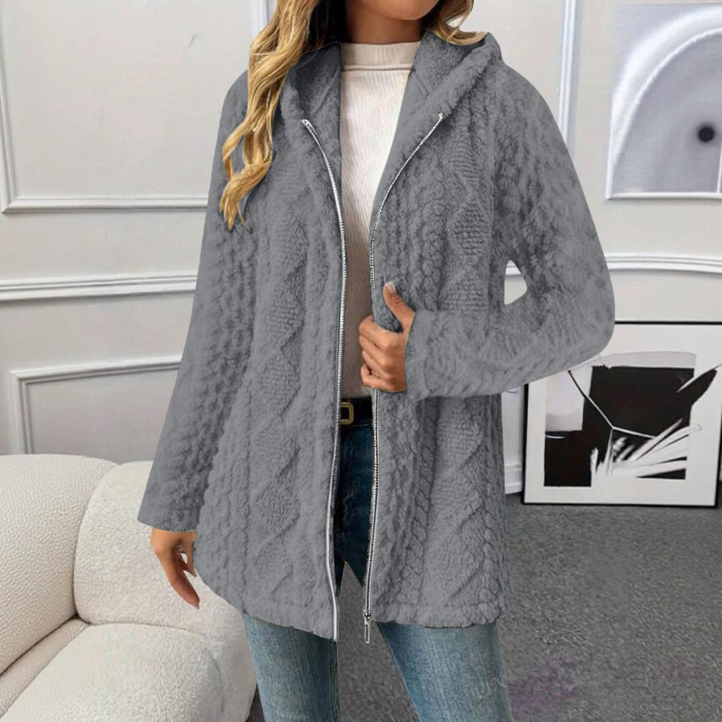 Damen Modische Einfarbige Langärmlige Lockere Kapuzen-Plüschjacke mit Reißverschluss