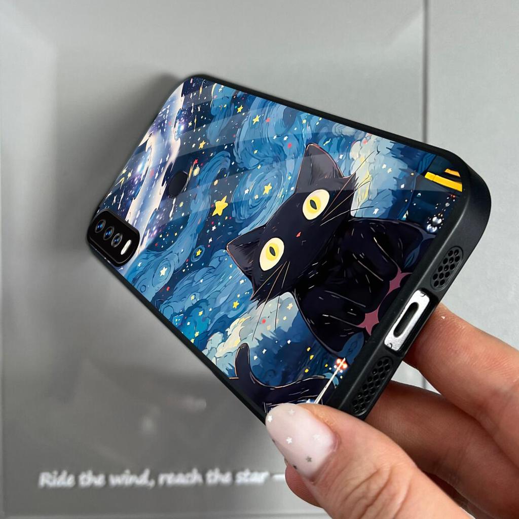 Case for Vivo Y17 Y15 2020 Y12 Y11 Anime Black Cat Starry Cloud Print Phone Cover Acrylic Hard Back Shell With Flexible TPU Edge