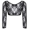 Women Girl Crop Top Solid Mesh Lace Open Front Long Sleeve Base T\-Shirt
