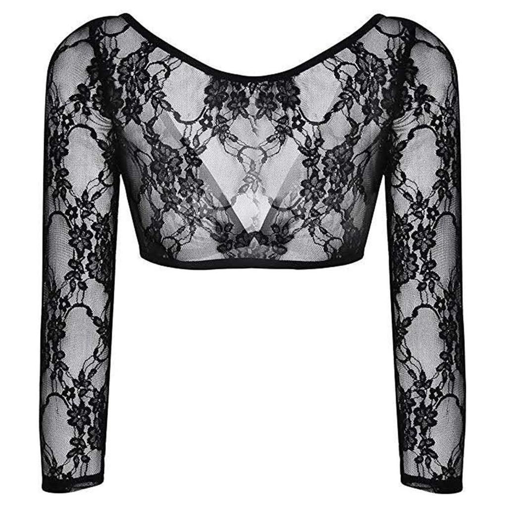 Women Girl Crop Top Solid Mesh Lace Open Front Long Sleeve Base T\-Shirt