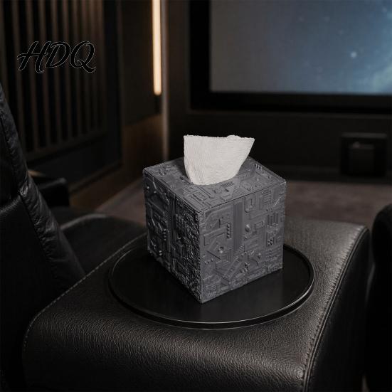 Matte Gray Tissue Holder Sci-fi Theme Box with Smooth Paper Extraction Large Capacity Cubic Design Towel Extraction Organizer Hard Shell