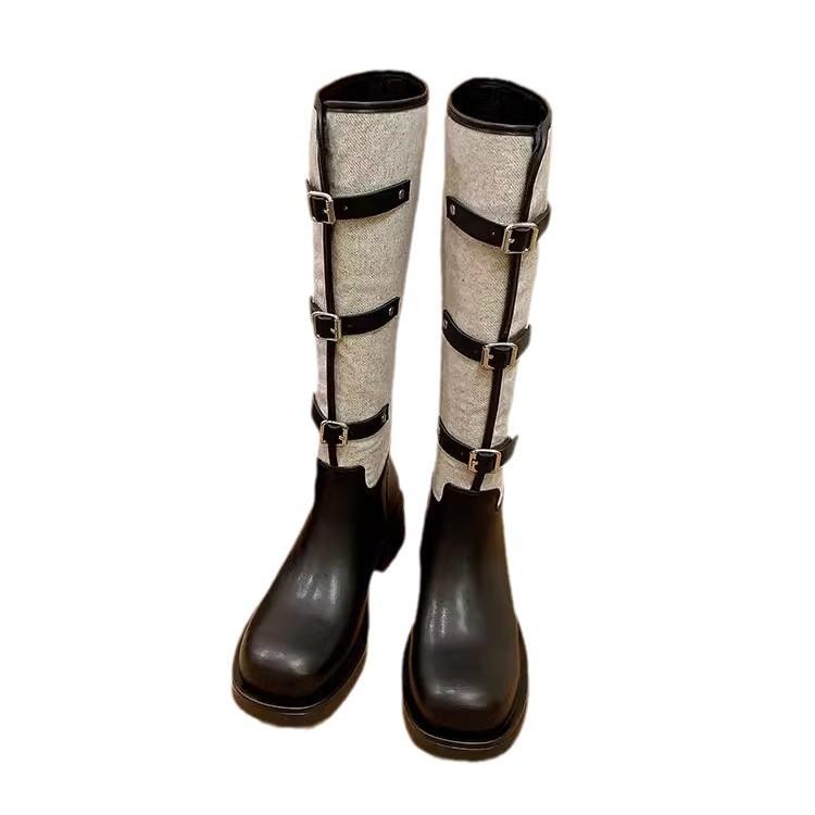 Meng Ziyi's same black and gray spliced knight boots for women's 2025 autumn and winter new belt buckle high boots long boots fashion boots