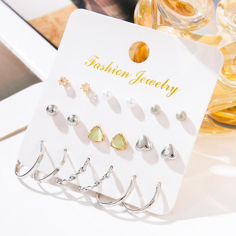 European and American New Temperament Stud Earrings, Geometric Creative Retro Pearl Circle Love 9 Pairs Set