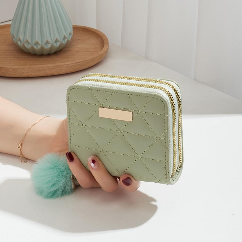 Small Fur Ball Bag, Double Layered Wallet, Diamond Grid, Ladies', Short, Hand-held, Coin Purse