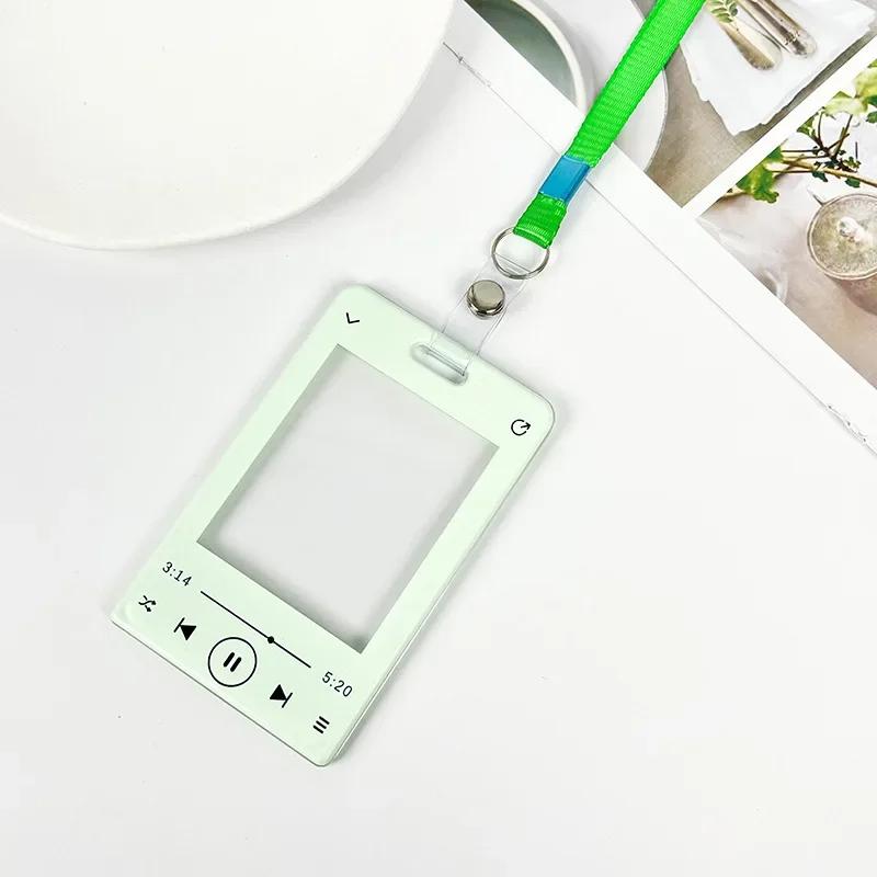 Music Player ID Card Holder with Spring Rope Heart Charm for Women Girls Kid Colorful Bus Subway Credit Card Protector Shell