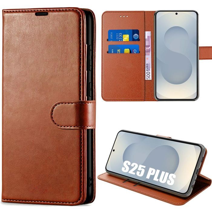 Coque de protection - BOOLING - pour Samsung Galaxy S25 Plus - Cuir synthétique marron - Antichoc - Flip Case