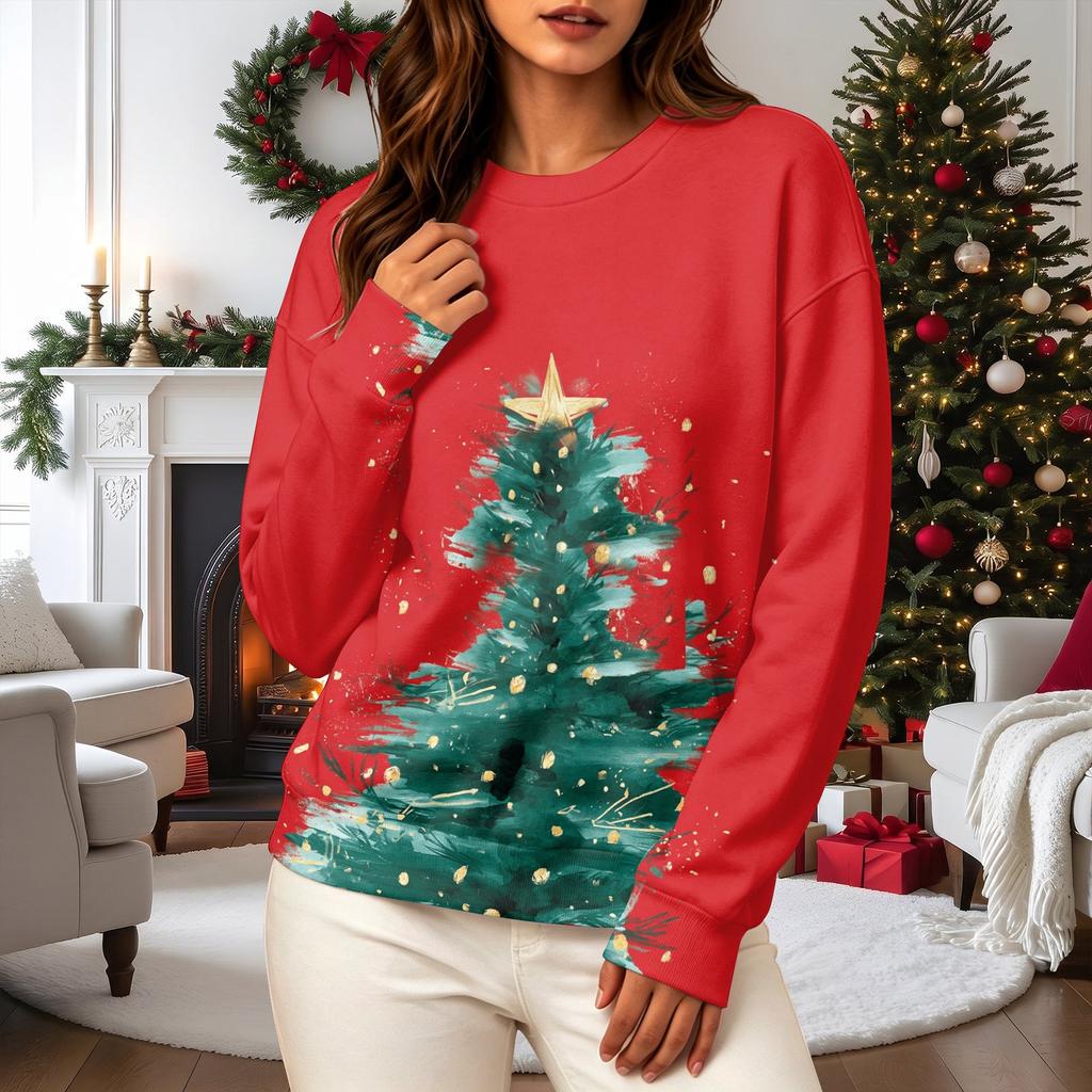 Women's Casual Long Sleeve Christmas Print Neck Pullover Sweatshirt