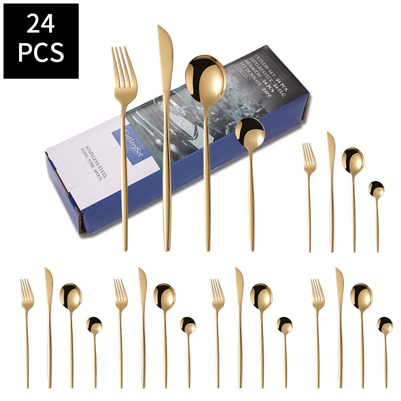 24pcs Gold Dinnerware Set Stainless Steel Steak Knife Fork Coffee Spoon Teaspoon Flatware Dishwasher Safe Kitchen Tablewar