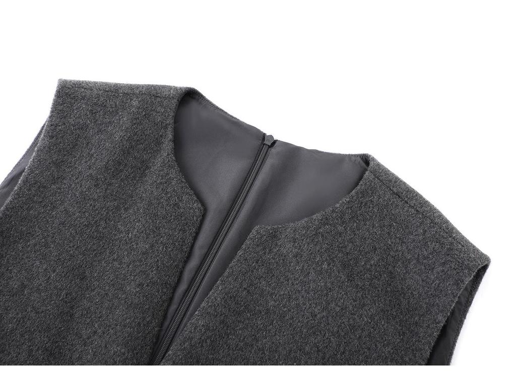 Winter 2025 Grey High-End Wool Sleeveless V-Neck Vest Dress for Important Occasions