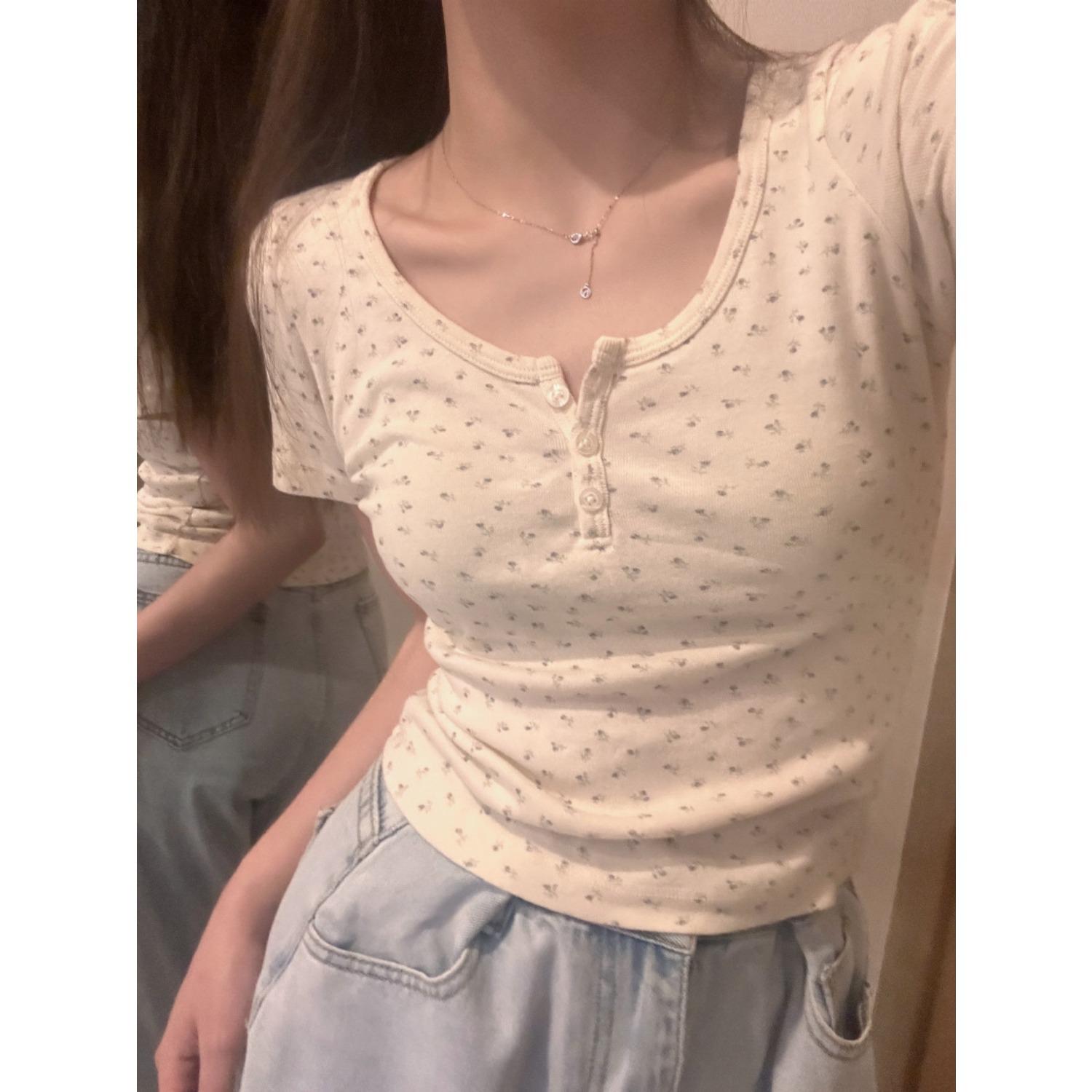 Women s U Neck Short Sleeve T Shirts Slim Fit Floral Print Casual Summer Tops S