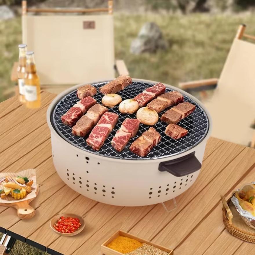 Přenosný gril Korejský vařič na dřevěné uhlí Nerezový dělený BBQ vařič Kulatý nepřilnavý grilovací stojan pro venkovní kempování