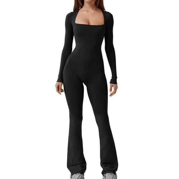 Langarm-Jumpsuits für Damen, Yoga-Jumpsuits, quadratischer Ausschnitt, geripptes Workout, ausgestelltes Bein, ganzer Länge, Strampler, Spielanzug