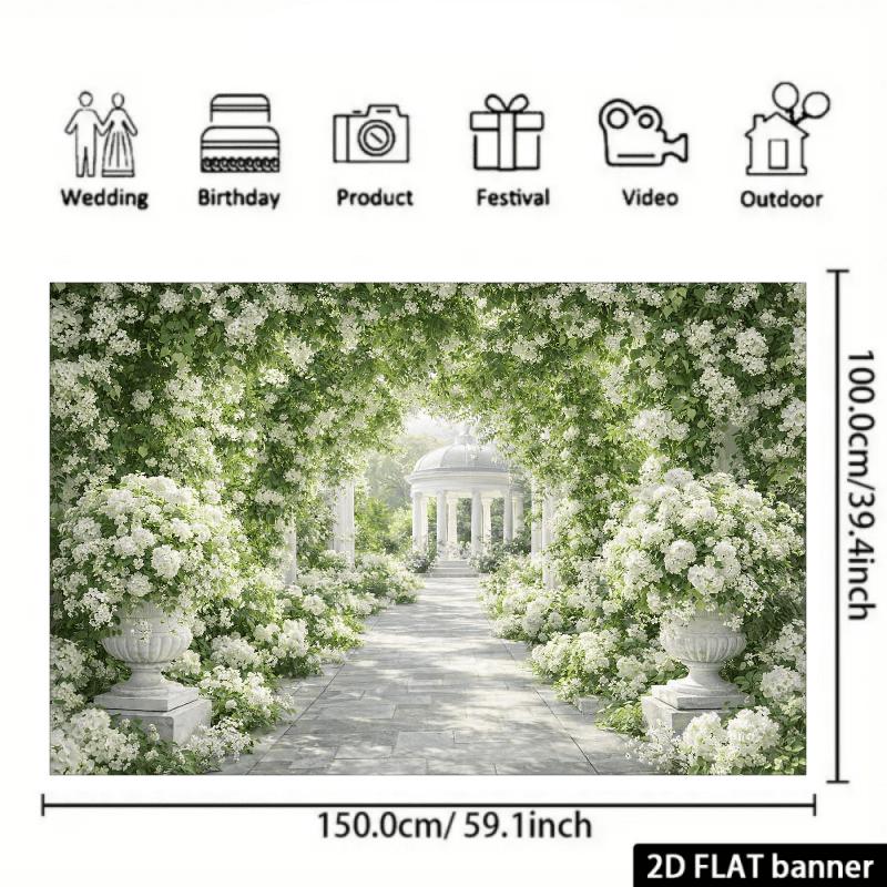 2D plane, vintage country-style wedding backdrop fabric, white flower clusters intertwined with green leaves