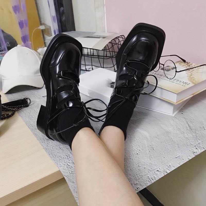 Νέα Παπούτσια με Τετράγωνη Μύτη Ρετρό Χοντρό Τακούνι Μαύρα Γνήσιο Δέρμα Γυναικεία Μόδα Λουράκια Ανοιχτά Δερμάτινα Μονοπάπουτσα Φόρεμα Μοκασίνια