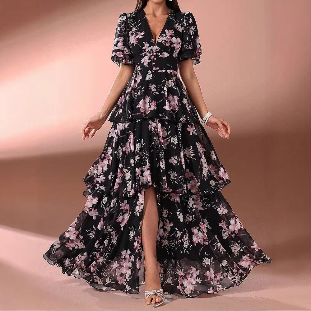 Damen Mode V-Ausschnitt Puffärmel Langes Kleid - Mehrschichtiges Druck Muster Abendparty Gown Small schwarz