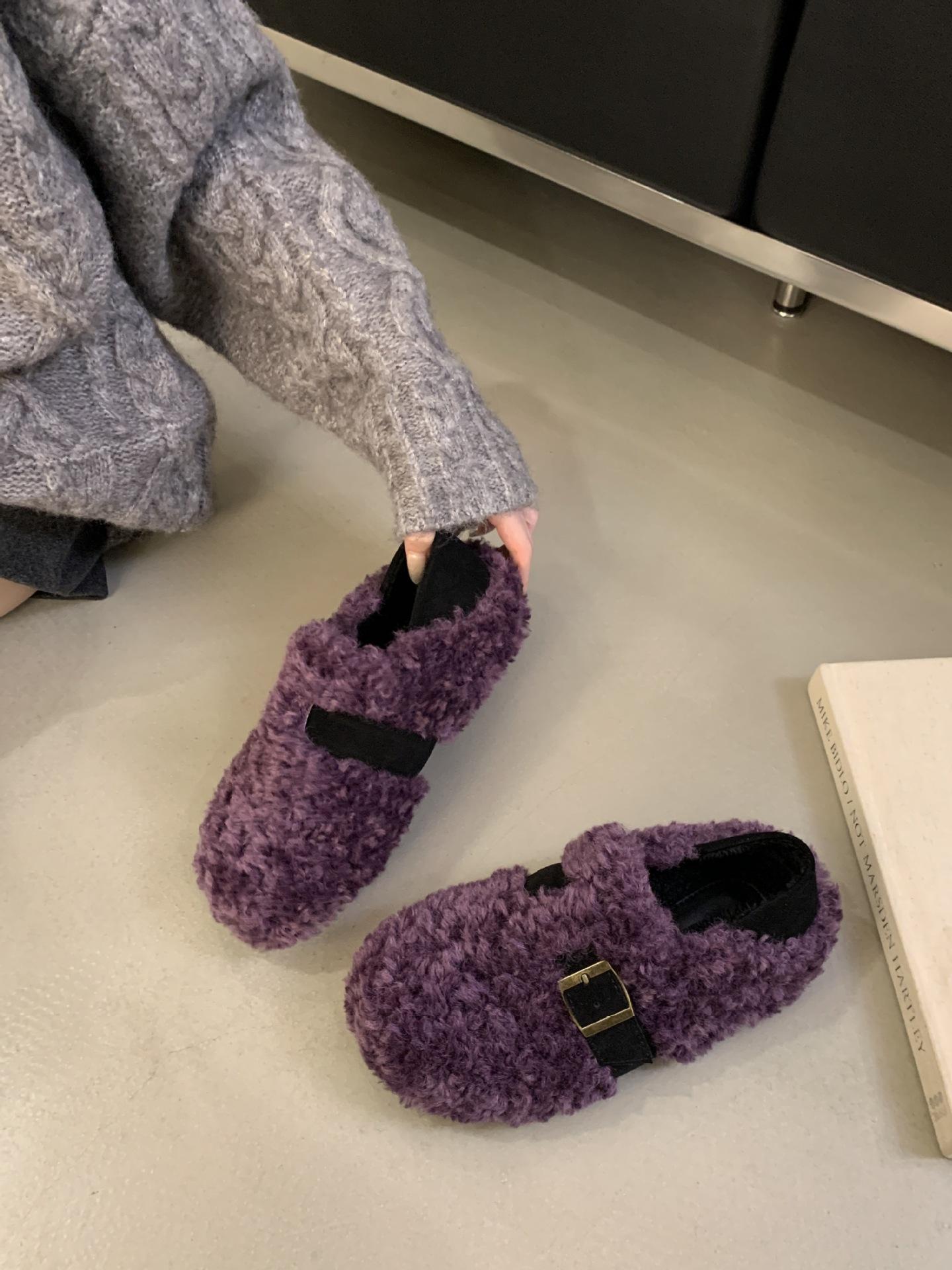 

Sheep pen wool shoes women s winter wear 2025 new Korean version retro flat one-pedal bean shoes women s velvet cotton shoes 39 фіолетовий