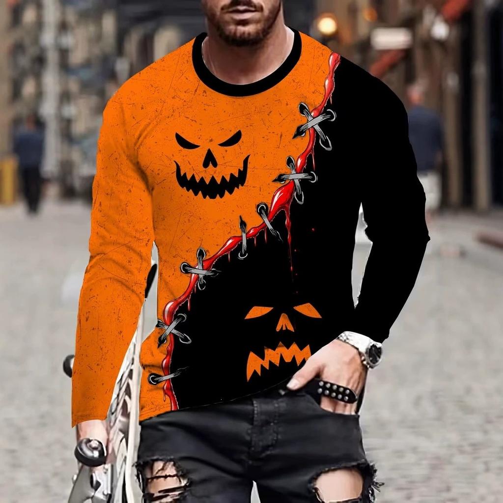 Autumn and Winter Men's 3D Printed Crew Neck Long Sleeve T-Shirt