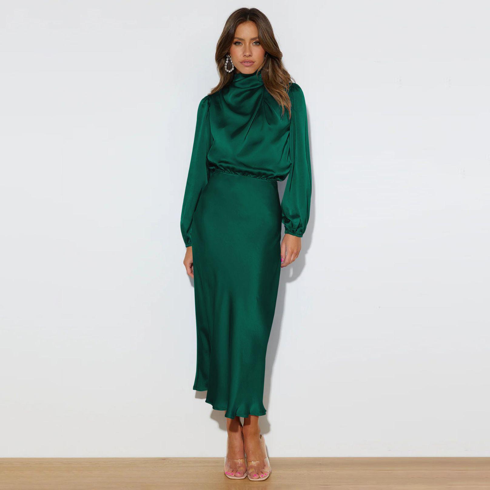 

Женское весеннее вечернее платье с длинным рукавом-фонариком, элегантное длинное платье трапециевидной формы с бретелькой на шее и высокой талией, сплошной цвет M темно-зеленого