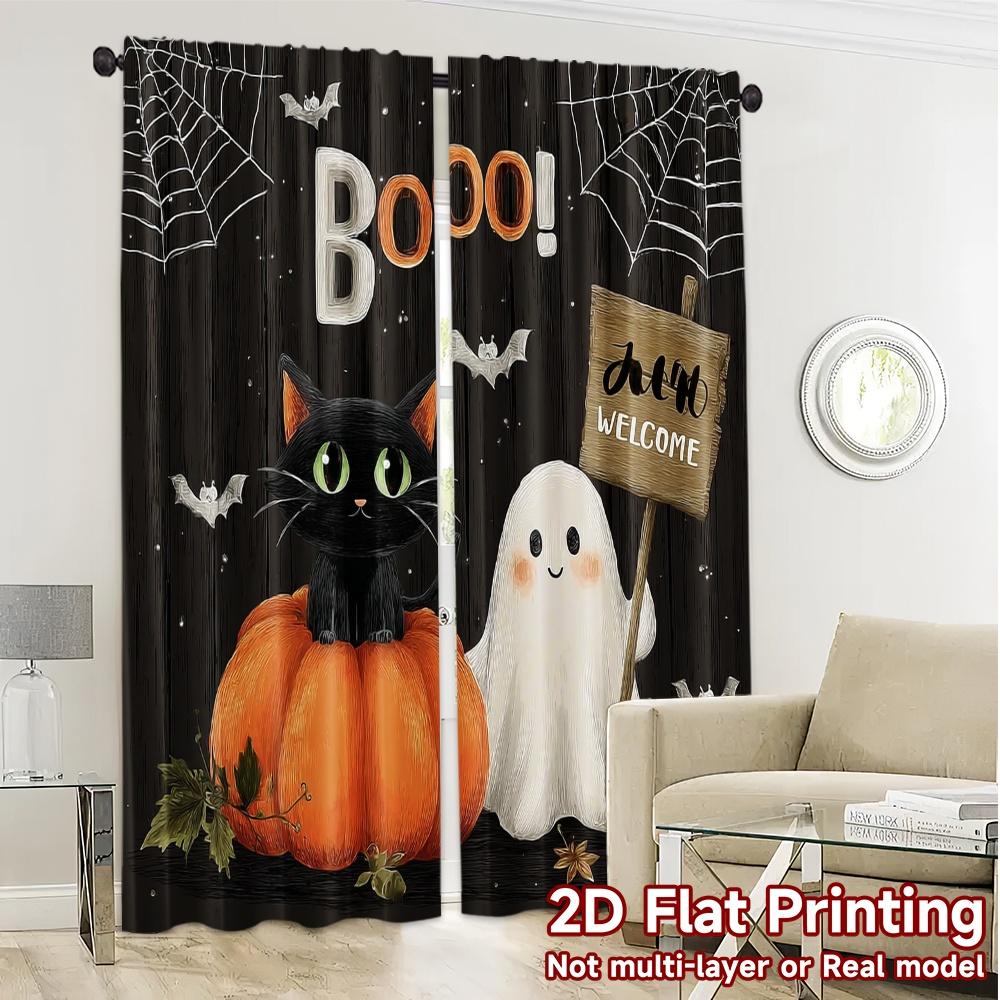 2pcs,Curtains Black Cat_ Bats & Pumpkins Popular Curtain Fabric Yarn Curtains Gifts Perfect for Bedroom & Living Room Decor